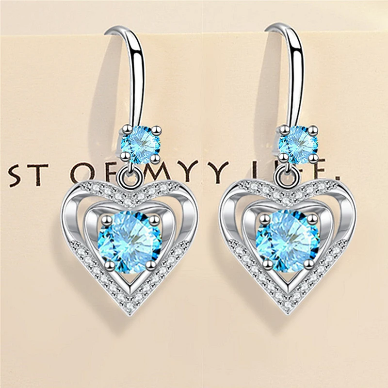 KOFSAC Glamorous Heart S925 Silver Earrings Shiny Multi-colour Crystal Zircon Pink Green Earring For Women Party Accessories