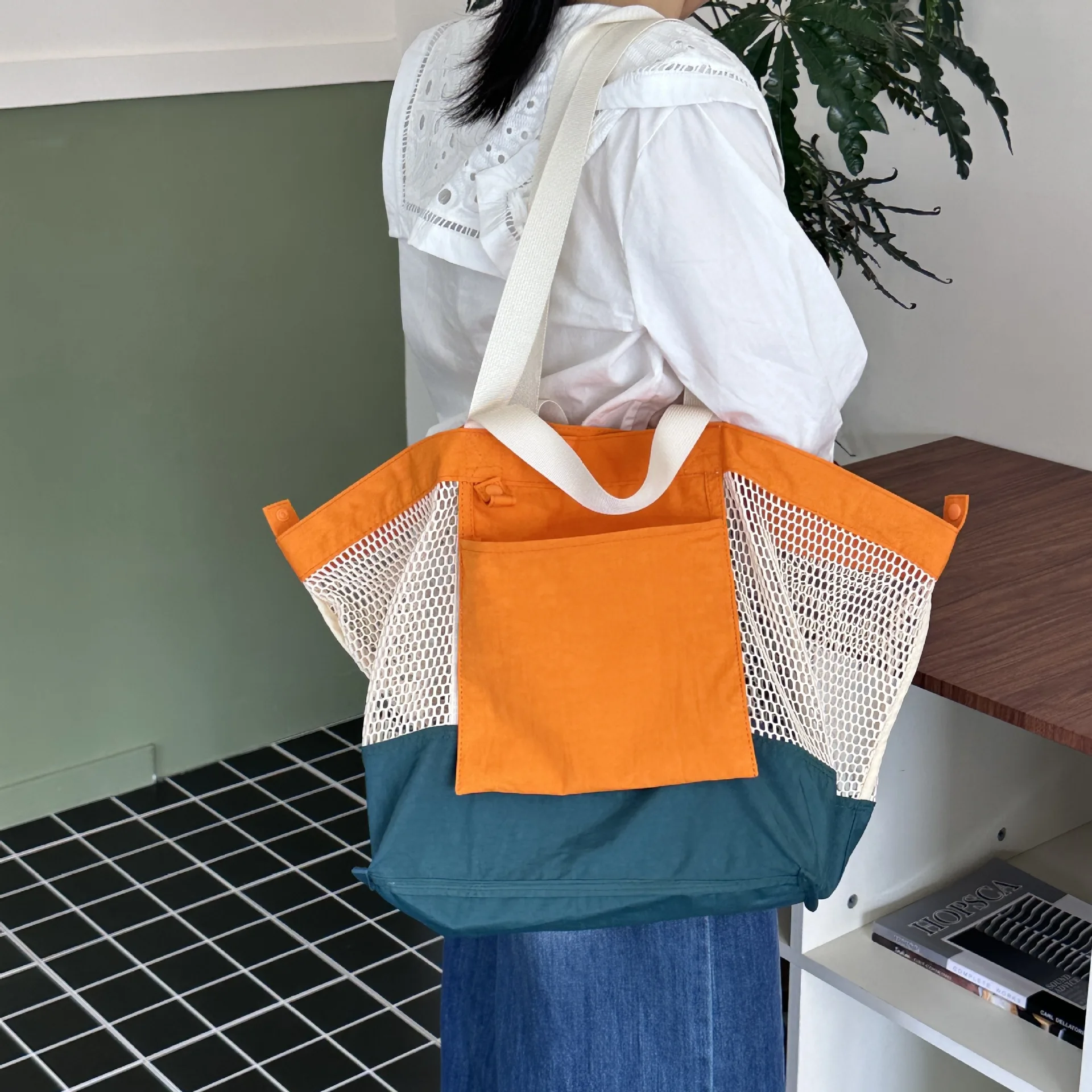 Casual Hollow Out Summer Beach Bag Large Capacity Tote Bag Panelled Women Shoulder Bags Fishnet Big Shopper Purses 2024