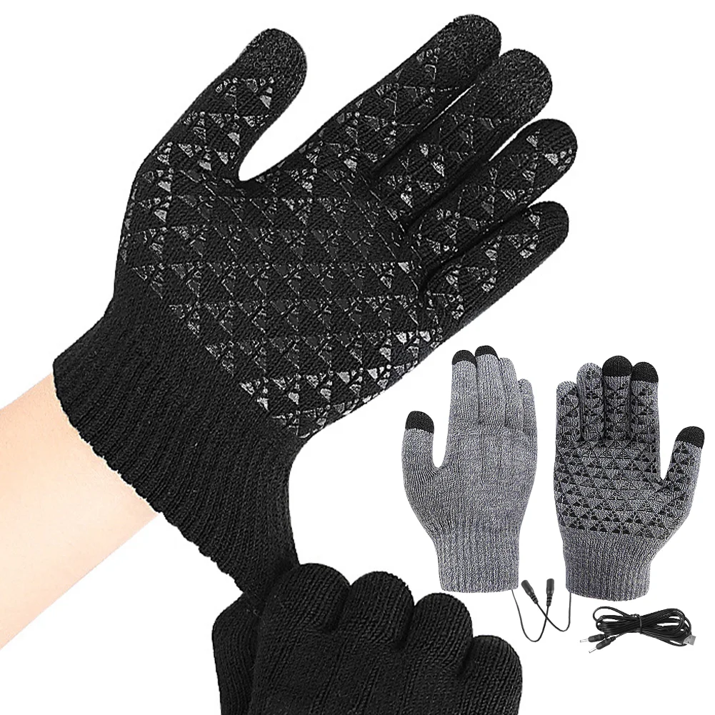 USB Heated Knitted Gloves Full Finger Gloves Non-Slip Touch Screen Gloves Thicken Winter Cycling Gloves for Men Women