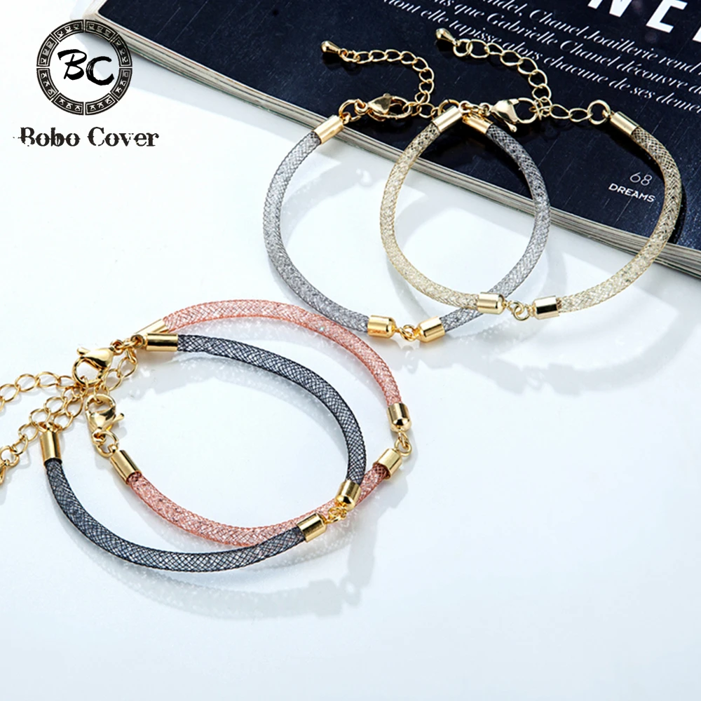 Trendy Charm Mesh Crystal Bracelet Women Stainless Steel Metal Inlay Crystal Bangle Handmade Adjustable Couple Wristband Jewelry