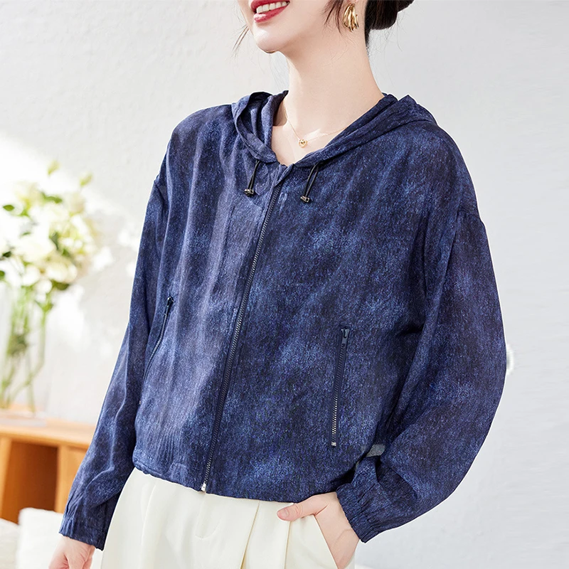100% Real Silk Women's Denim Blue Jacket Coat Spring Autumn Short Jackets Women Loose Tops Long Sleeve Woman Casual Hooded Coats