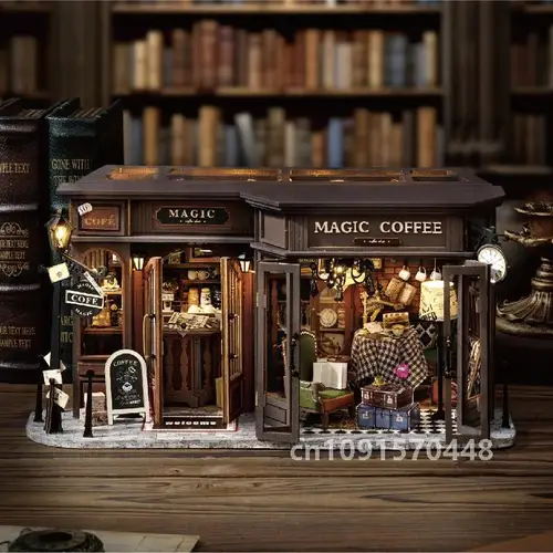 레트로 DIY 나무 매직 커피숍 인형 집, LED 조명 미니어처 빌딩 키트, 홈 데코, 성인용 수제 선물
