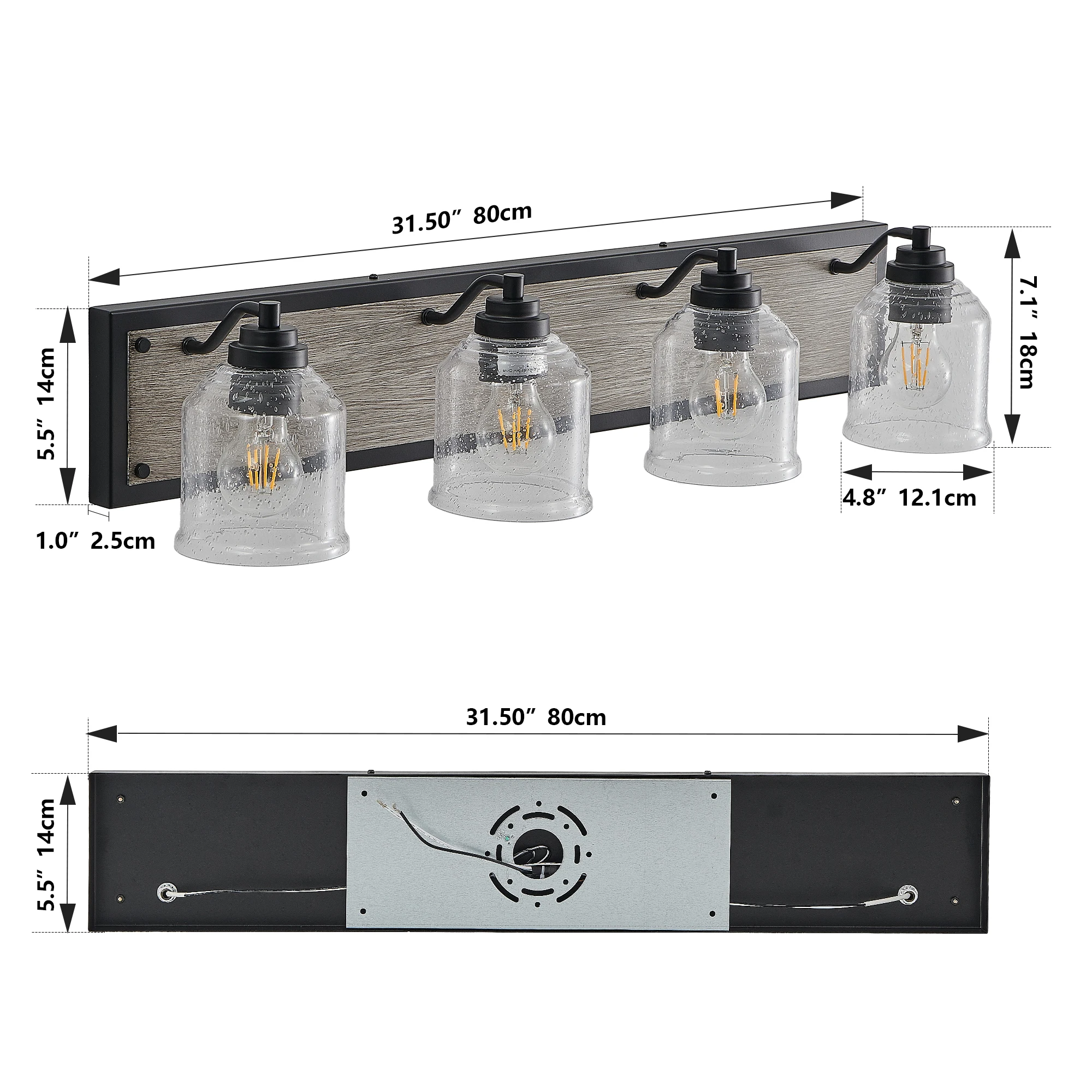 Modern 4-Light Vanity Light Bracket Light Wall Source, Black Finish with Clear Seeded Glass Shade, Bathroom Powder Room Mirror