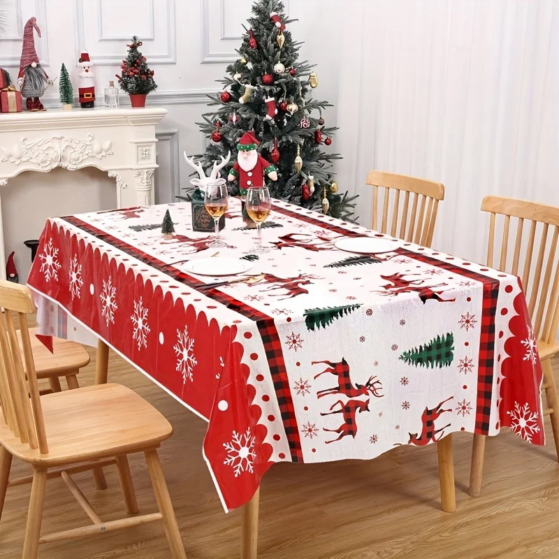 1pc Festive Christmas PVC Tablecloth, Reindeer & Snowflake Design, 86.61*51.18inch - Red and Black Checkered with Santa Claus an