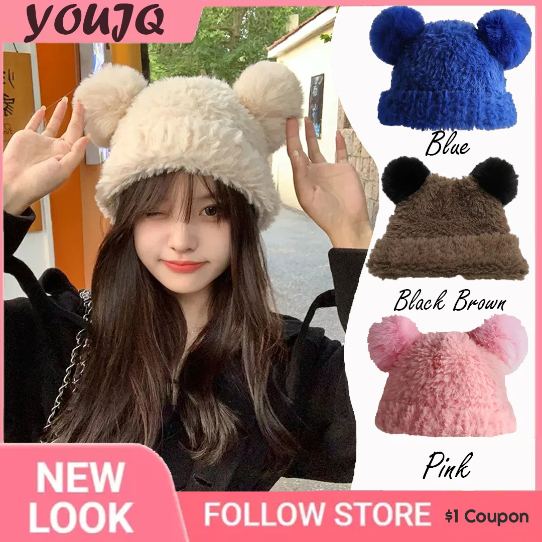 

Y2K Winter Soft Warm Beanies Hat Cute Bears Ears Knit Hats Ear Protection Japanese Retro Plush Women's Caps Gorros Invierno Niña
