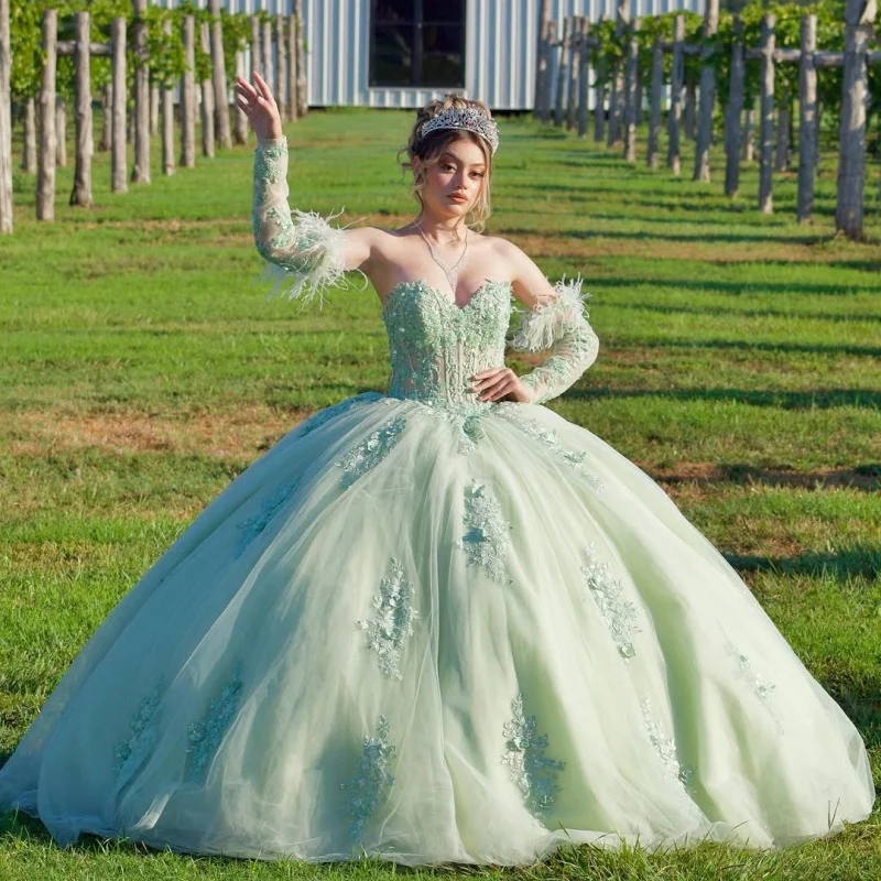 Mint Green Quinceanera Dress off-shoulder Glitter Flower Feather Decal Long tail Bow vestidos de 15 Quinceanera ﻿Customized