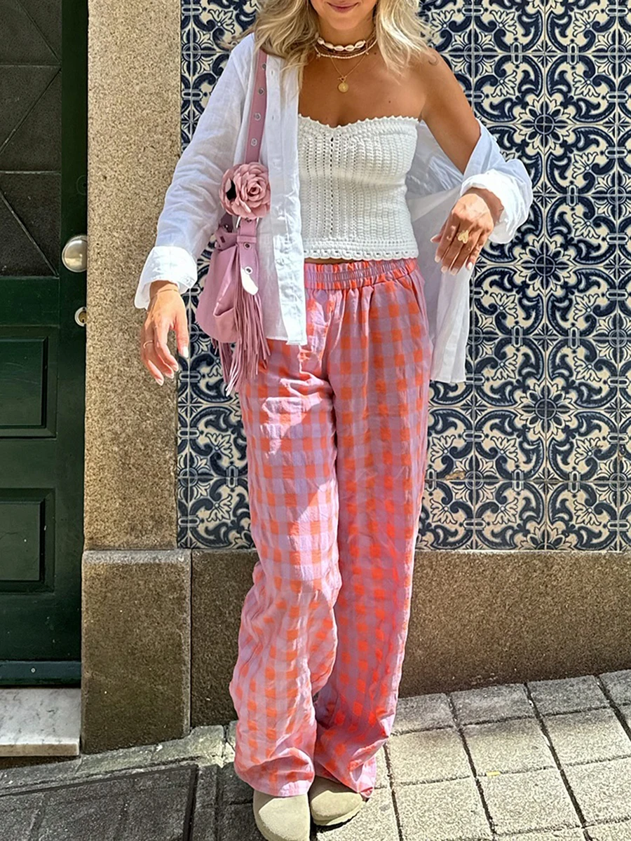 Women Fashion Pink Plaid Print Casual Slim Straight Pants Female Chic Zipper Fly Long Length Trousers Mujer