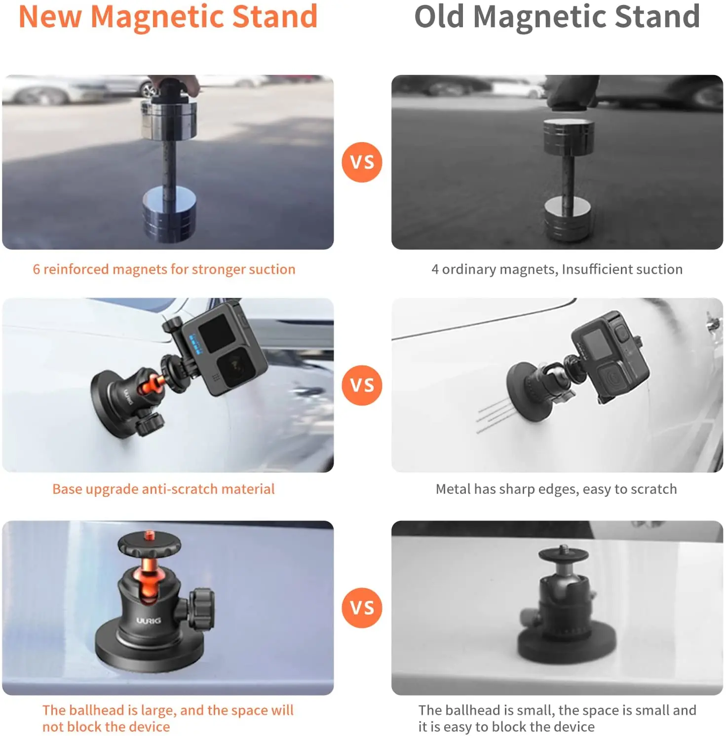 Uurig stronge ímã de montagem para gopro hero 9 preto 8/7/6/5 metal poderoso carro sucção com ballhead e 1/4 parafuso para go pro