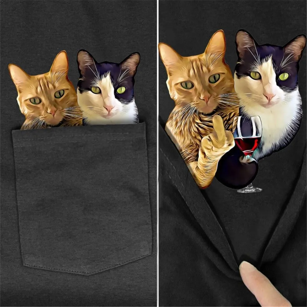 CLOOCL New Fashion T-shirts Animal Cat Middle Finger Red Wine Pocket T-shirt Summer Short Sleeve Shirts Cotton Tees Dropshipping