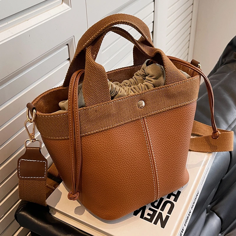 New Women Crossbody Bags Vintage Fashion PU Leather Handbags Casual Chic Contrast Color Bucket Shoulder Bag