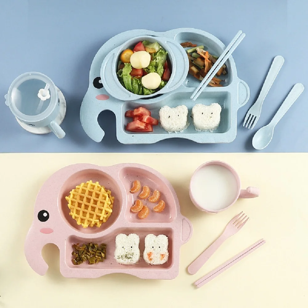 artoon Elephant Kids Tableware Set, Eco-Friendly Break-Resistant Material, Baby Feeding Plate Bowls Spoon Fork Chopsticks