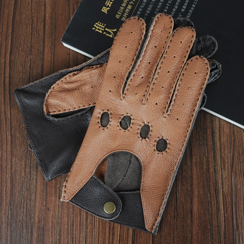 Real Leather Gloves Male Casual Breathable Spring Summer High Quality Men Driving Sheepskin Gloves Two Tones Color TB15-5