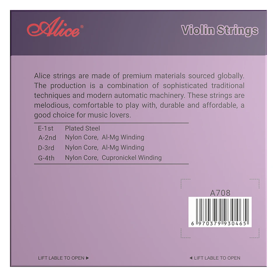 Alice A708 Violin Strings A FULL Set Plated Steel Nylon Core Al-Mg Winding Nickel Alloy Wound For Size 4/4 3/4 1/2 1/4 1/8
