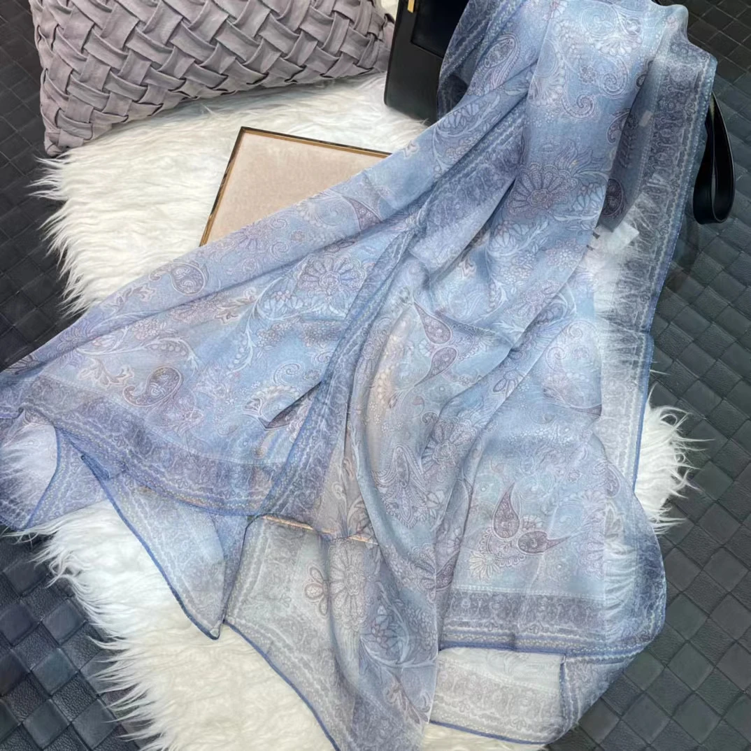 [BYSIFA] Grey Blue Silk Scarf Cape Fashion Ladies 100% Silk Long Scarves Foulard Women Plaisley Design Chiffon Scarves Bufandas