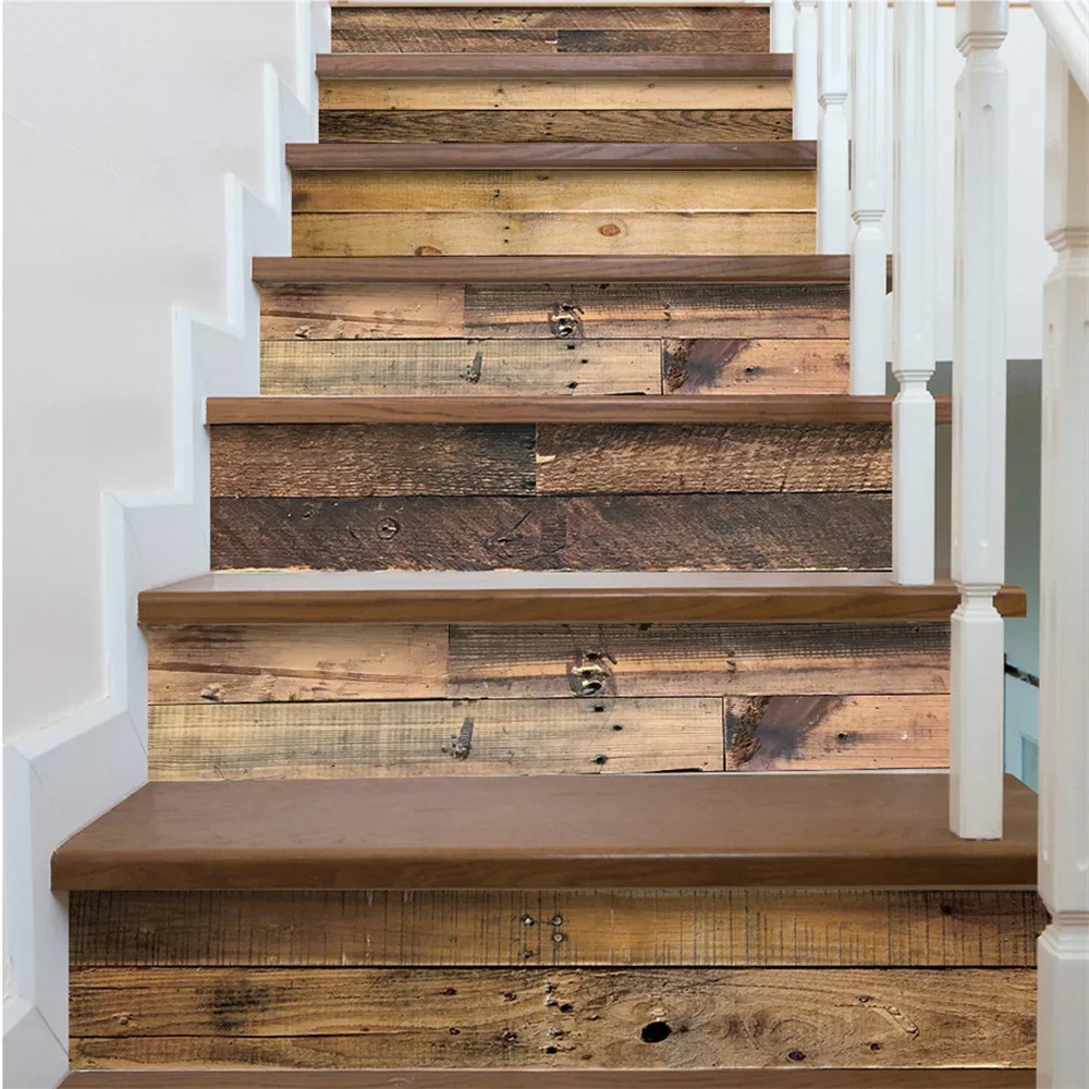 6/13pcs Wood Grain Art Stairs Cover Stickers Peel & Stick Vinyl White Staircase Mural Stair Riser Floor Sticker Wall Decal Home