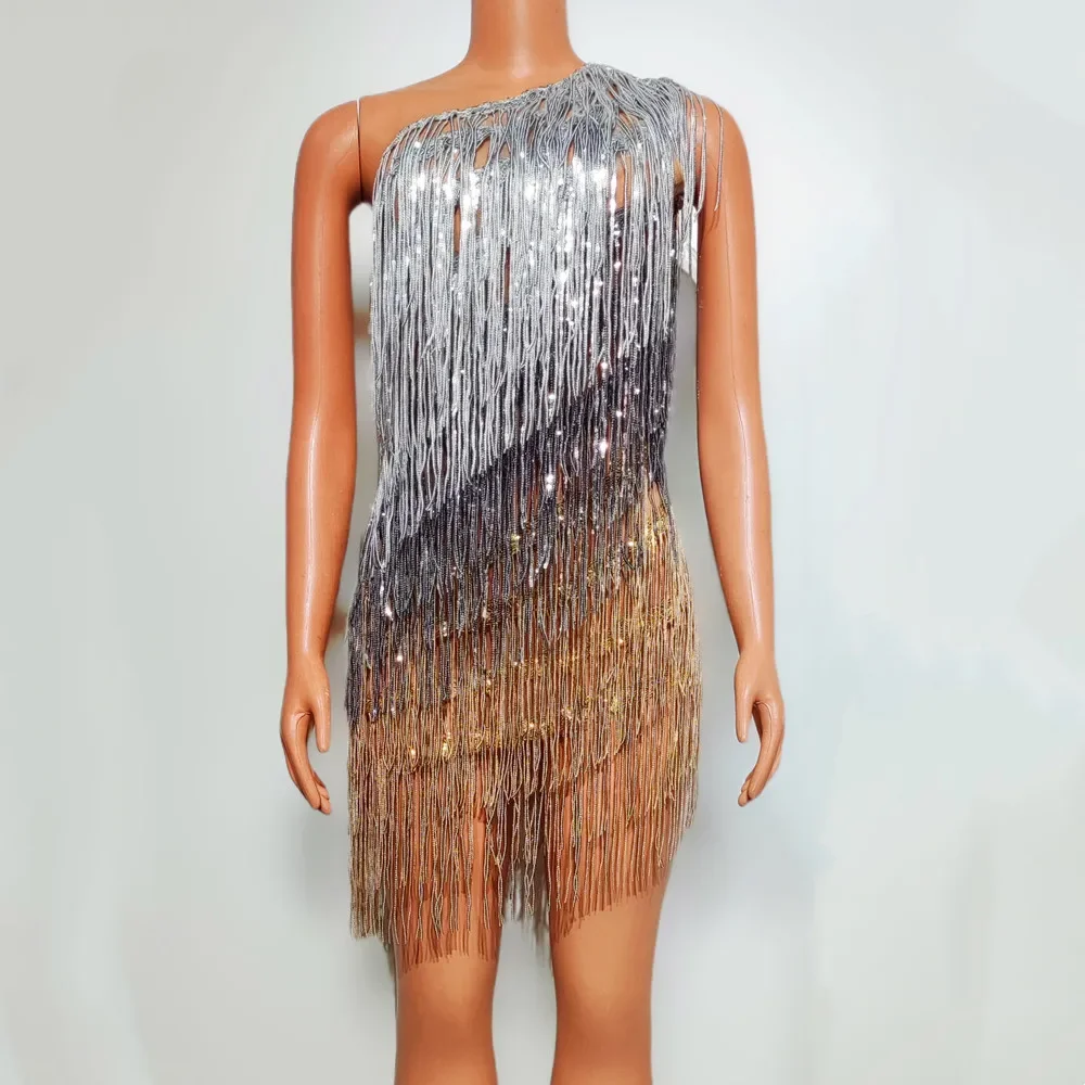 

Sexy Dress Tassel Sequins Shoulder Single Sleeveless Transparent Party Birthday Celebrate Fringe Dress Stage Performance Costume