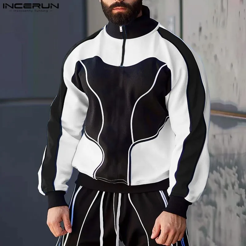 2024 moletom casual masculino de manga comprida incerun estilo americano moda cor retalhos hoodies meio zíper solto impressão pullovers