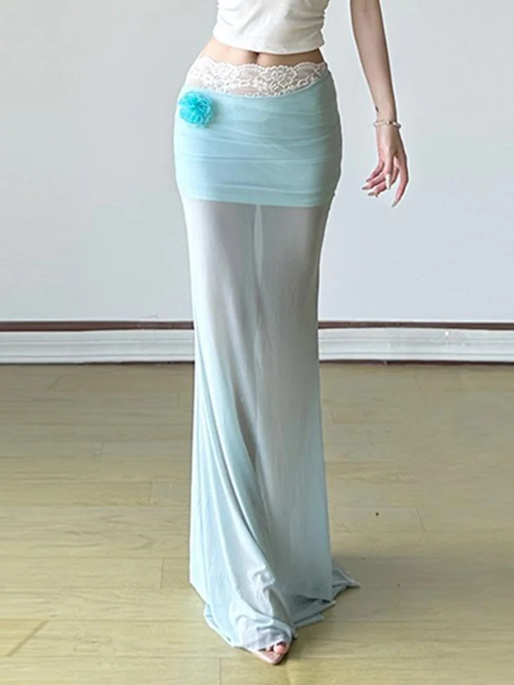 Sexy Mesh Long Skirt Women 3D Floral See Through Ocean Holiday Skirts Summer Vintage Female Low Waist Slim Mermaid Long Skirt