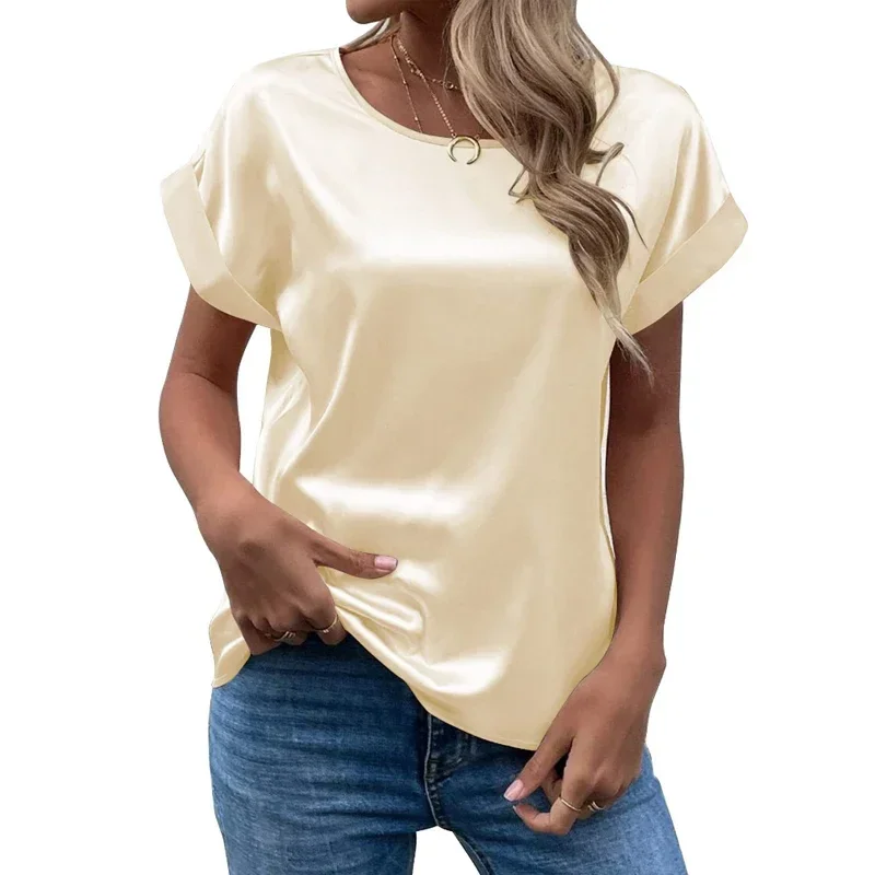 Office Lady Short Sleeve Satin Blouse Loose Casual Round Neck Solid Shirts Fashion 2024 Summer Elegant Tops Women Clothing 25084