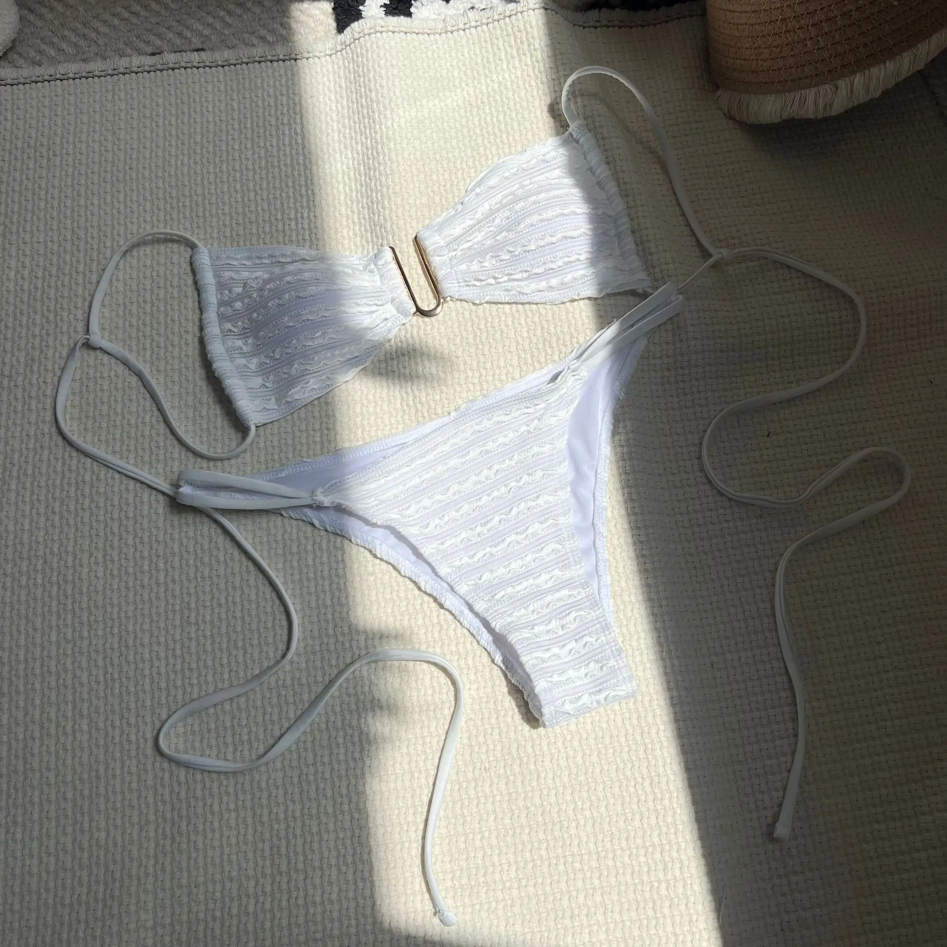 Conjuntos de bikini lisos acanalados bandeau sexy, trajes de baño de dos piezas con Tanga y lazo en la espalda, conjunto de bikini tankini, ropa de playa, biquini