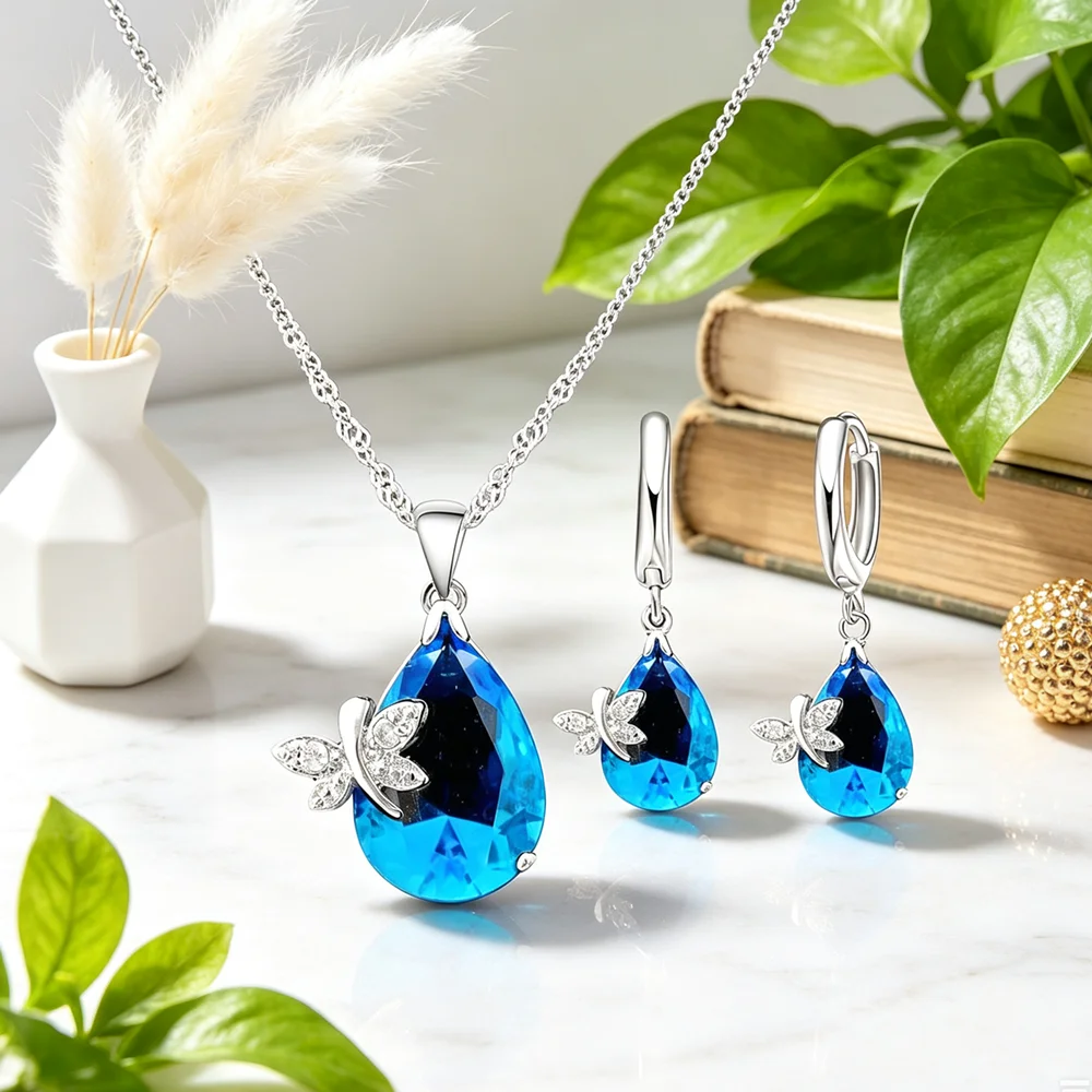 Hot Jewelry Sets Real Fine 925 Sterling Silver Austrian Crystal Butterfly Drop CZ Pendant Necklace LeverBack Hoop Earrings