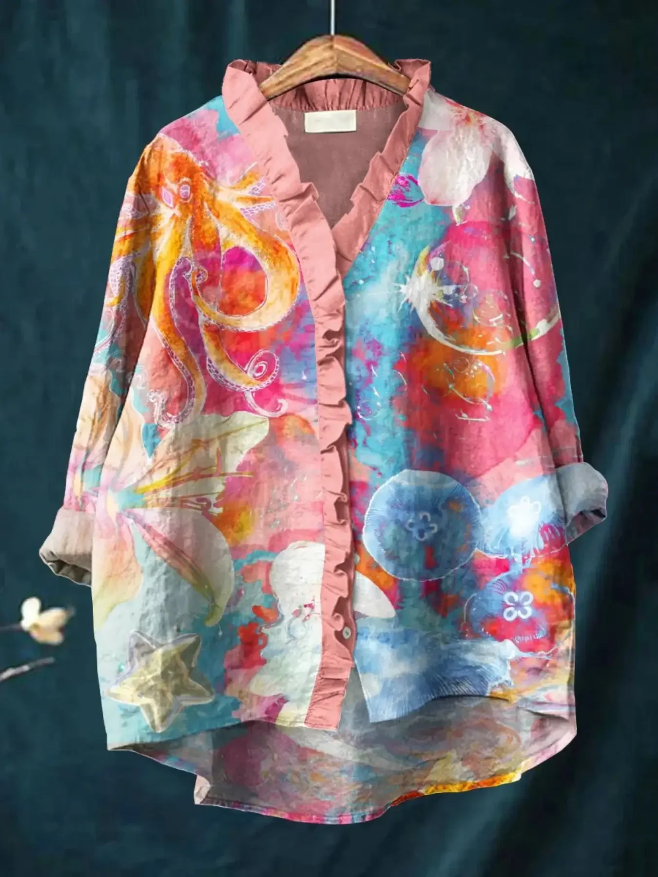 Women's Bohemian style European retro patchwork printed V-neck shirt