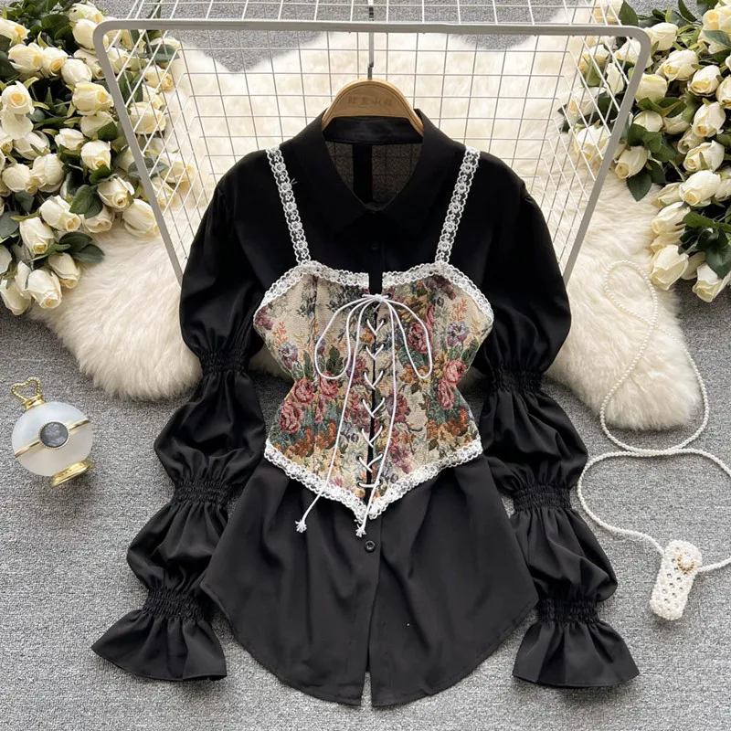 spring Summer new design vintage pattern bandage small vest medium and long A-line puffy shirt  blusa feminina  blouses