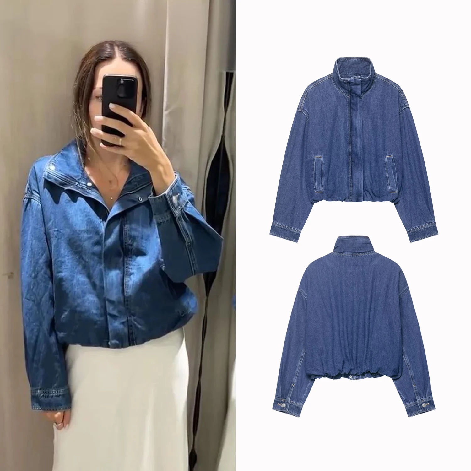 

Women's Autumn Denim Jackets Coat 2025 Female Blue TurtleNeck Long Sleeves Pockets Zipper Jackets Streetwear Short Coats