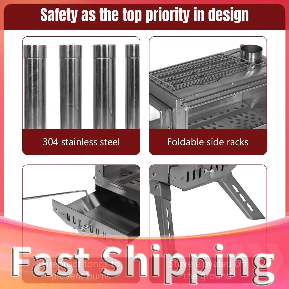 

Stainless Steel Firebox with Chimney Pipe Fireplace Burning Stove Rust Proof for Tents Shelters Camping
