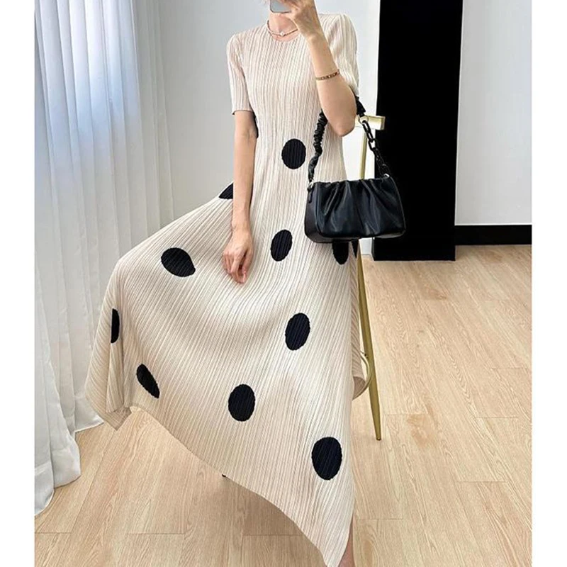 Summer pleated slim fit high waisted dress with irregular polka dot waist length  summer dress women  women clothing