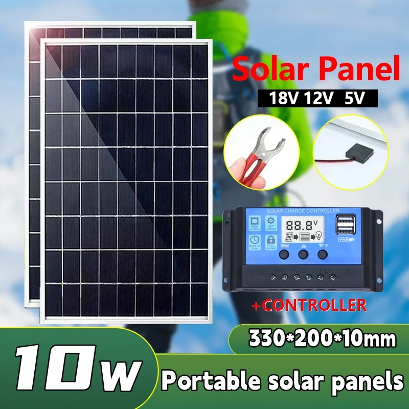 Solar Panel Kit Complete 5V 12V Polycrystalline USB Power Portable Outdoor Rechargeable Solar Cell Generator for Camping