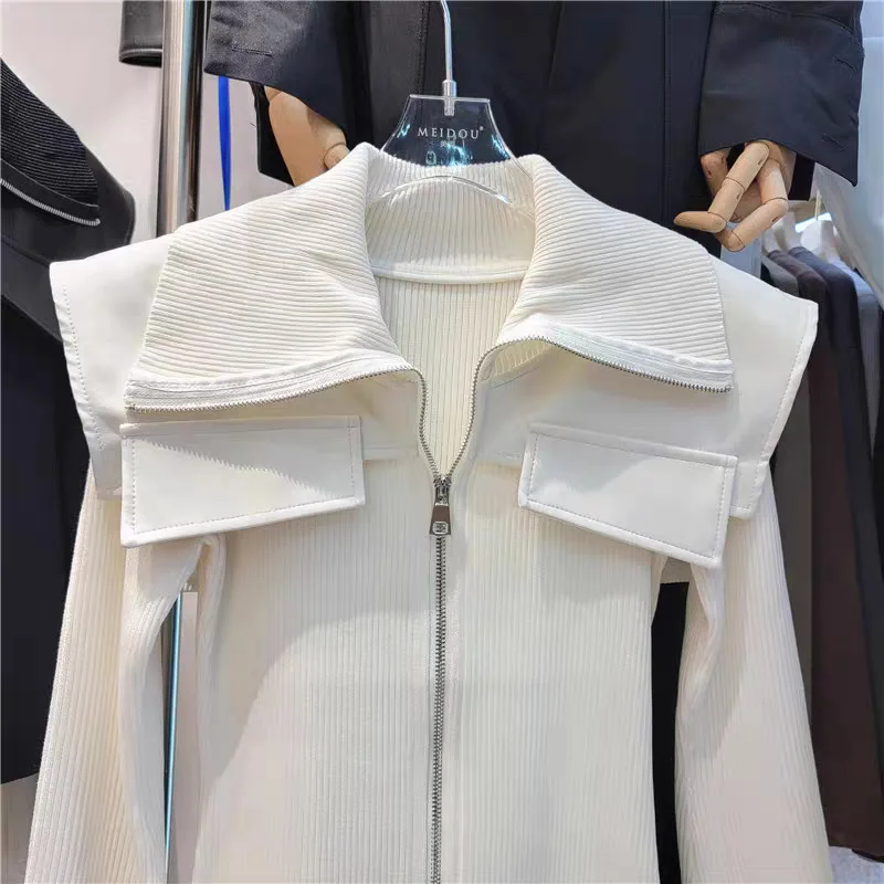 

Leather-Trimmed Cropped Sweater | 2025 Early Fall Oversized Collar Knit Top, Chic Statement Jacket