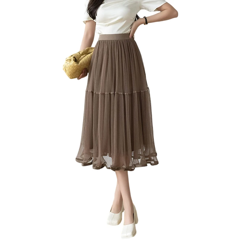 Korean Style  Tiered Tulle Skirt Spring Summer High Waist Big Swing A-line Skirt Ladies Elegant Burgundy Khaki Beige Midi Skirt