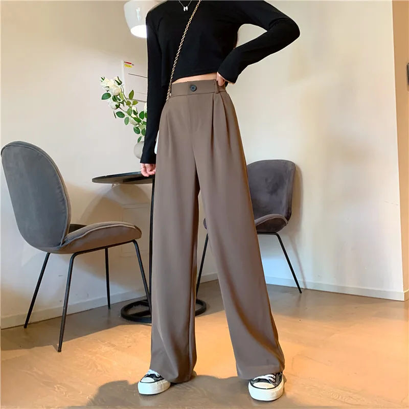 المرأة واسعة الساق السراويل ، فضفاضة ، عالية الخصر ، Trousers غير رسمية ، الصلبة مكتب مستقيم السراويل ، النمط الكوري ، الربيع ، الخريف