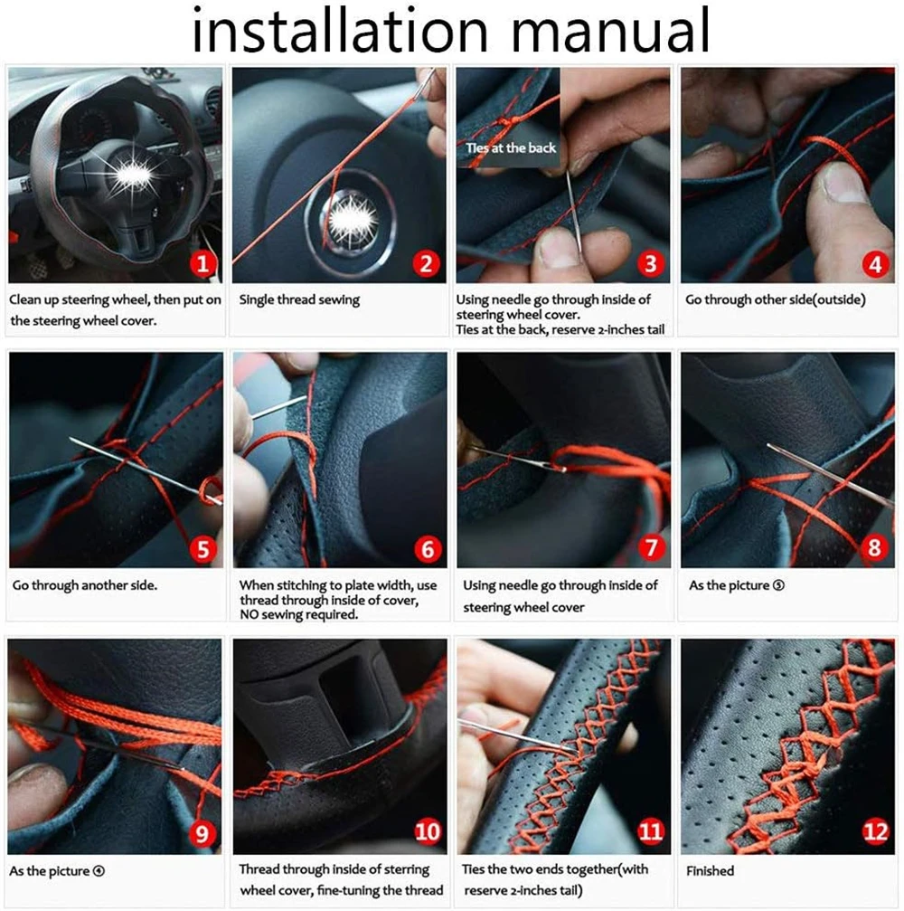 العالمي جديلة غطاء عجلة القيادة 38 سنتيمتر الجلود اليد الخياطة غطاء عجلة القيادة جلد البقر الحقيقي مع الإبر الموضوع #6