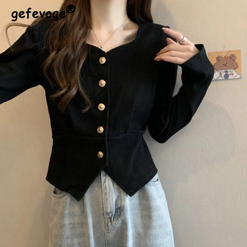 Spring Autumn Women Trendy Square Collar Ribbed Y2K Chic Button Jackets Casual V Neck Long Sleeve Solid Slim Coat Ropa De Mujer