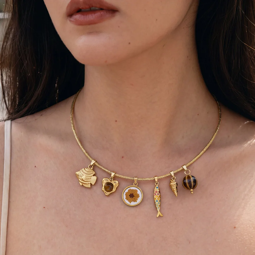 Peri'sbox Minimalist Metal Enamel Yellow Tiger Stone Embroidered Multiple Pendants Women's Magnetic Necklace Detachable Jewelrys
