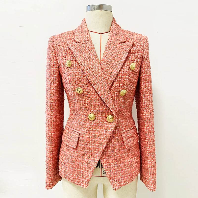 HIGH QUALITY Newest 2024 Designer Jacket Women's Classic Metal Lion Buttons Double Breasted Tweed Blazer Rose Red