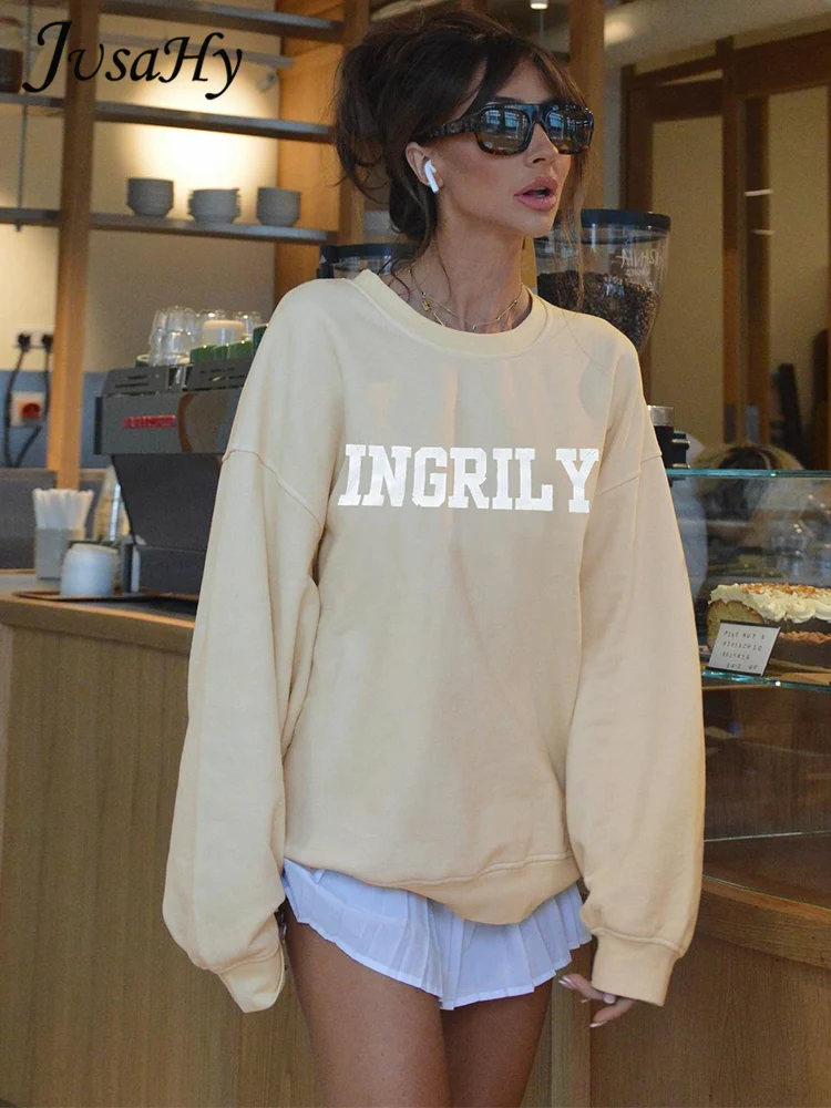 Jusahy Summer Release Junior Loose Long Sleeve High Street Hoodie K24E526530 Girl Solid Pure Cotton Letter Drop Sleeves T-shirt