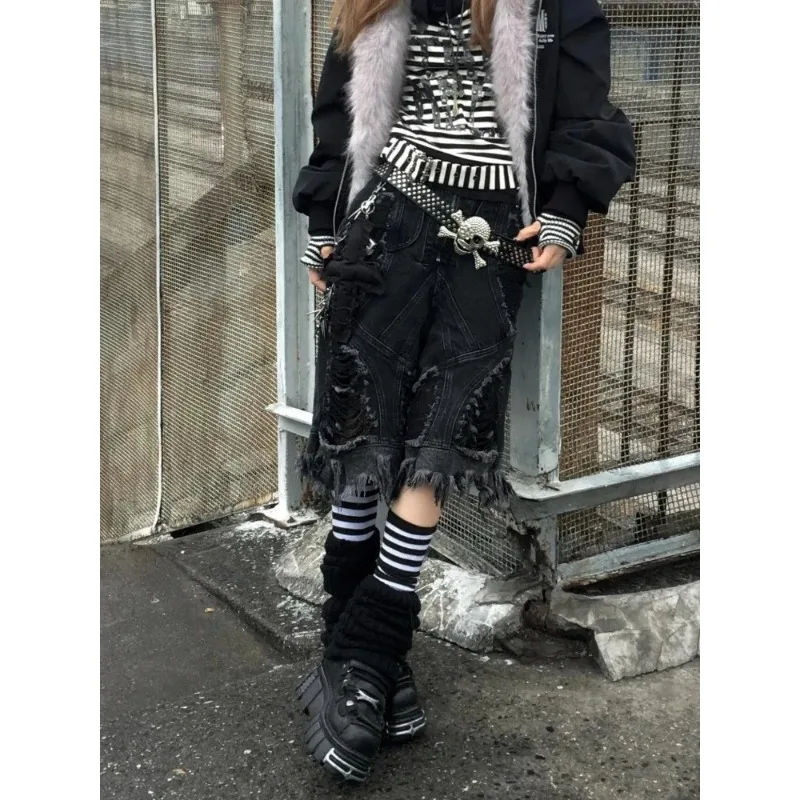 

Broken Hole Tassel Vintage Baggy Shorts Women Summer Streetwear High Waist Oversized Denim Pants Wide Leg Calf-length Pants