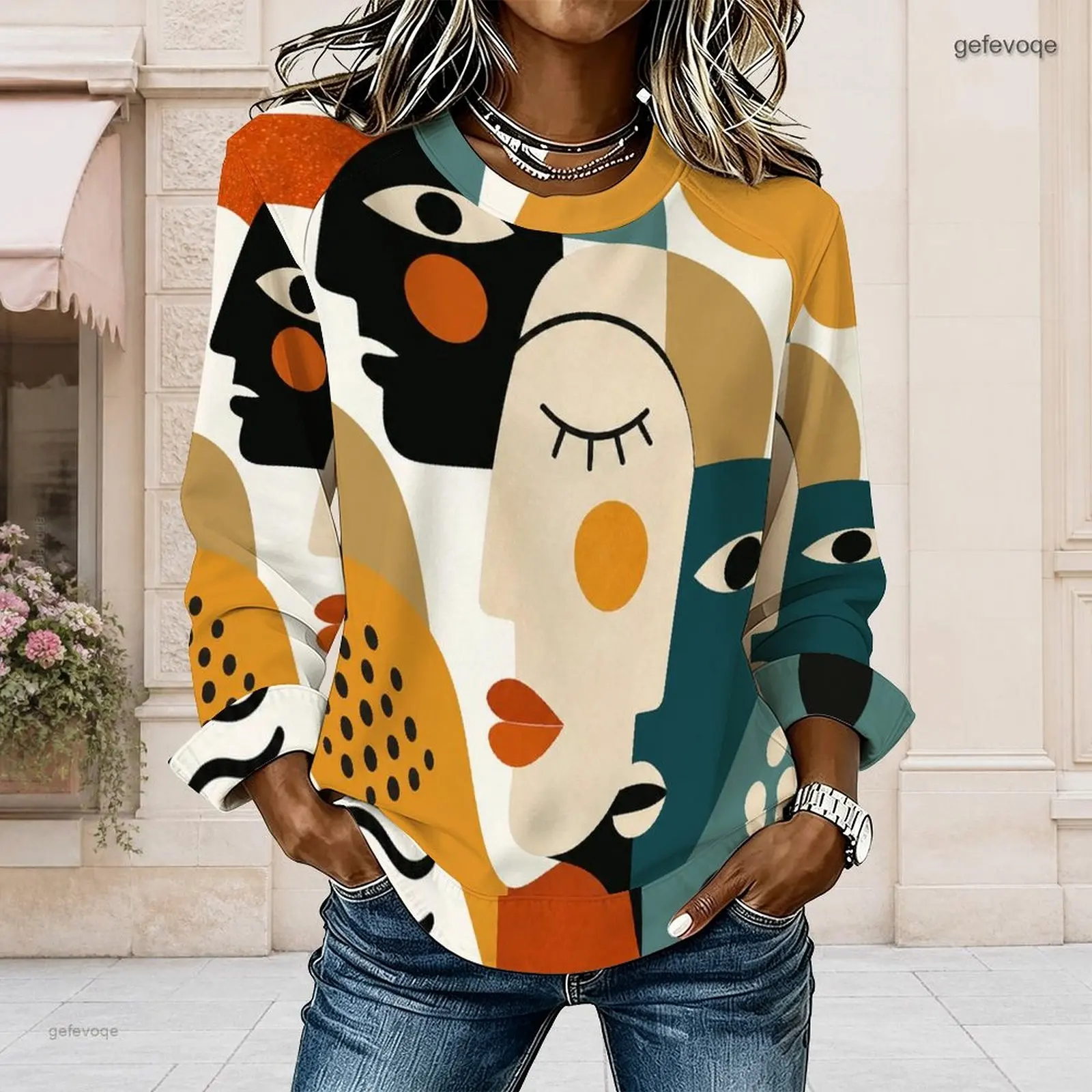 Women Pastel Pink Blue Off White Print Round Neck Long Sleeve Curved Hem Top