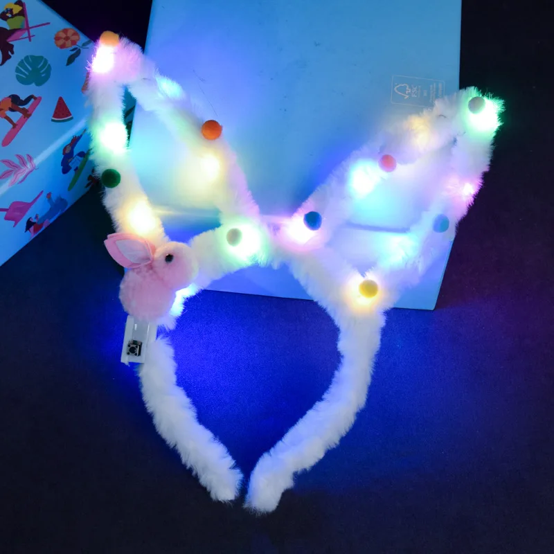 LED 14 Lamp Long Rabbit Ear Headband  Flashing Colorful String Lamp Luminous Hairband Birthday Party Christmas Easter Headband