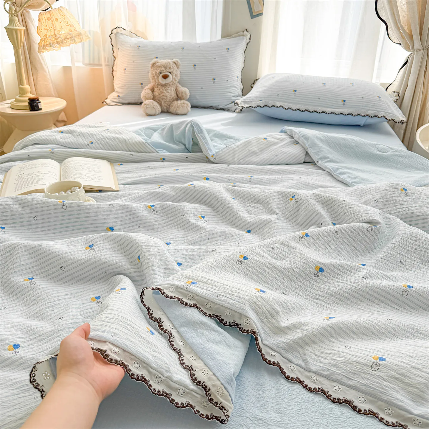 A Class Cotton Lace Double Gauze Soybean Summer Quilt Set Soft Breathable Air Conditioning Bedding Machine Washable Cooling