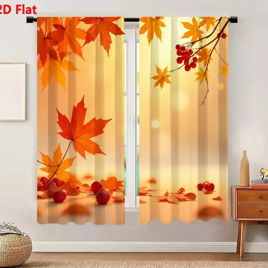 2Pcs Curtains Add 2D Flat Autumn Maple Leaves And Red Berries On Golden Gradient Background With Bokeh Effect Window Drapes for