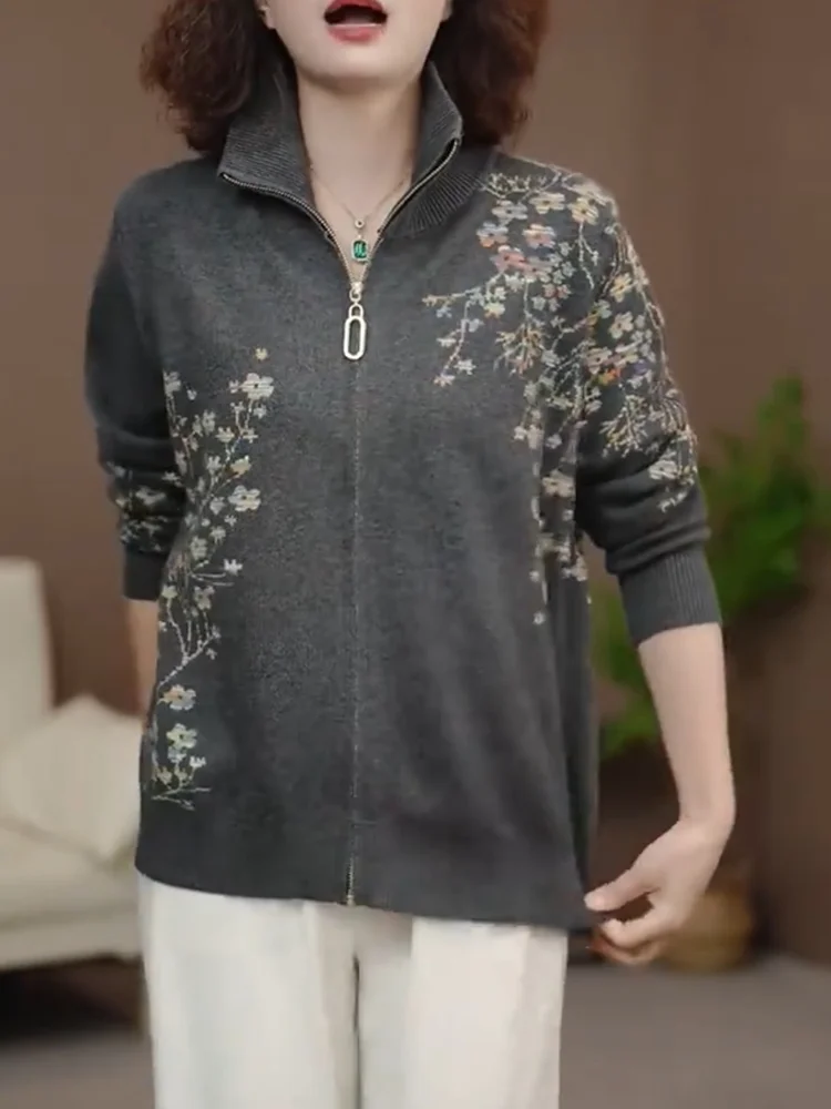 

Korean Sle Floral Print Knitted Open Cardigan plus Size Women's Faionable Versatile Slimming Top Autumn New Arrival