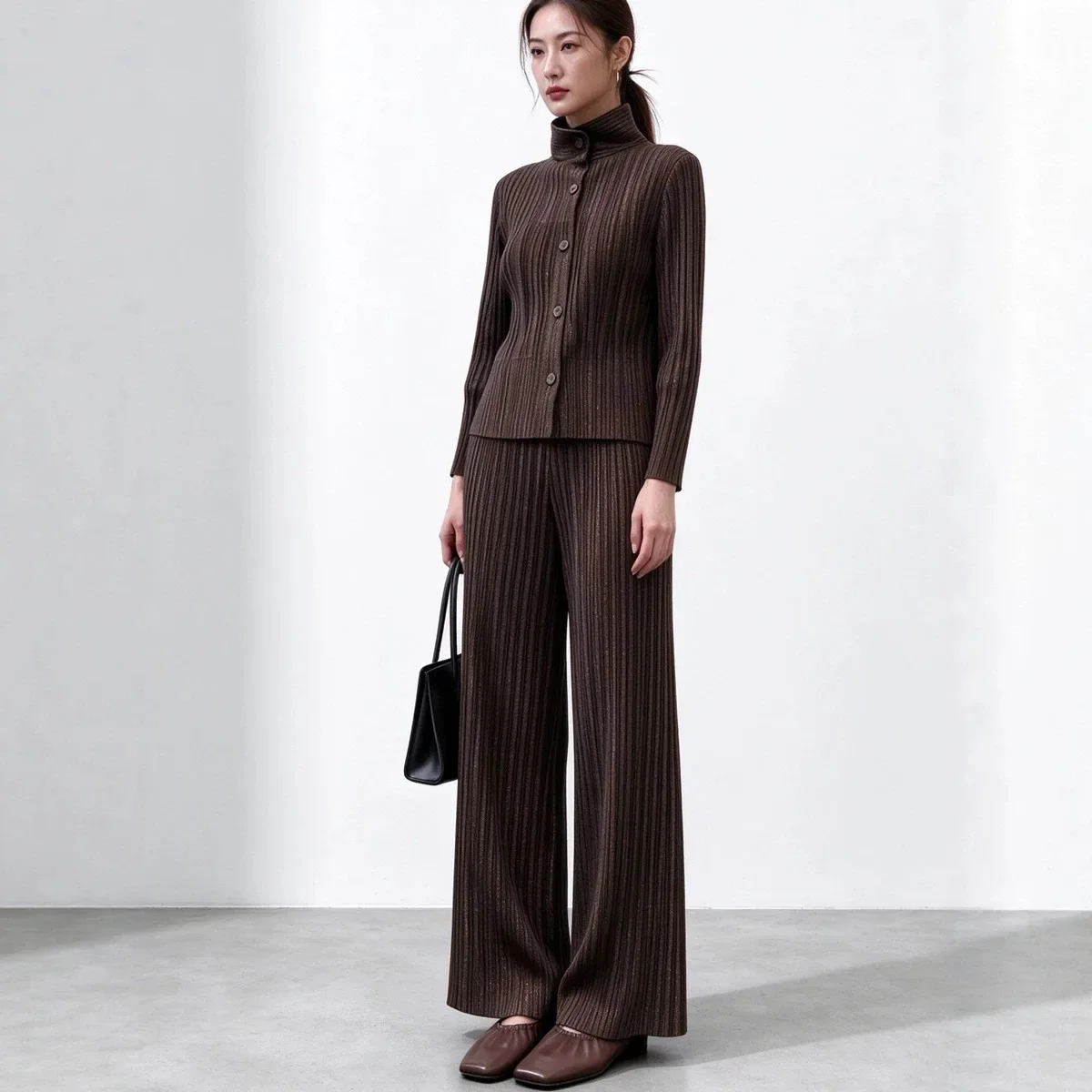 Miyake Pleated Women Ribbed Knit 2 Piece Set, Stand Collar Button Cardigan & Wide Leg Pants Elegant Outfit