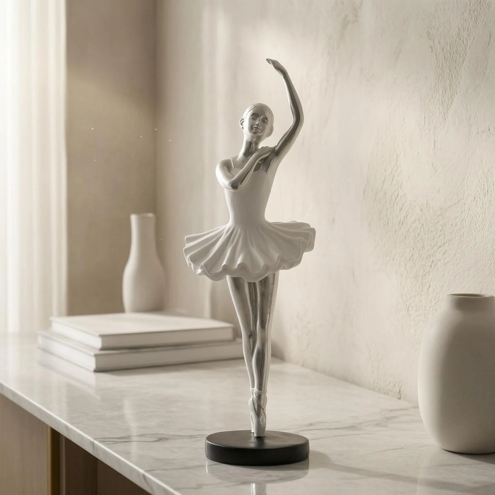 Ballet Dancer Figurine Silver-Toned Finish Standing Ballerina Figurine Ballerina Statue Black Base Tabletop Ornament Decorative