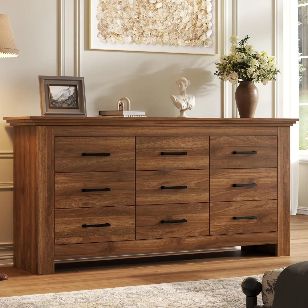 

Nine Drawer Wooden Dresser with Metal Handles Wide Vintage Style Storage Chest for Bedroom Closet Hallway