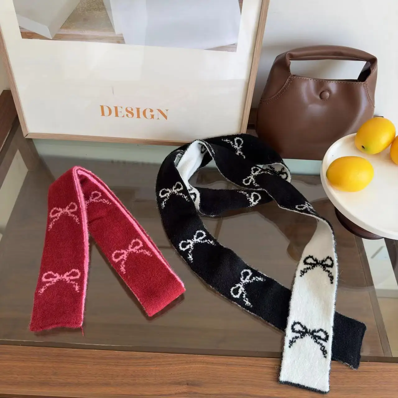 Korean Ins Double-sided Bow-tied Thin Scarf Winter New Warm Versatile Decorative Narrow Version Red Knitted Scarf