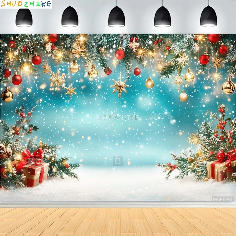 

Christmas Day Wreath New Year Photography Backdrops Wooden Door Window Living Room Xmas Tree Gift Snow Party Background DC-01